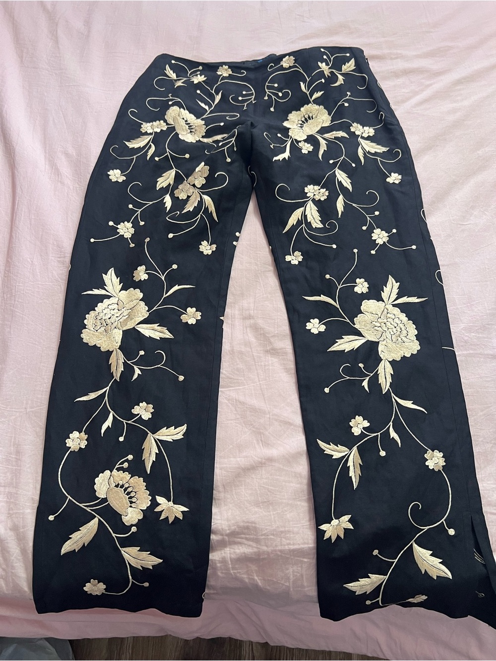 Sue Wong Black Wide-Leg Pants with Ivory Floral Embroidery